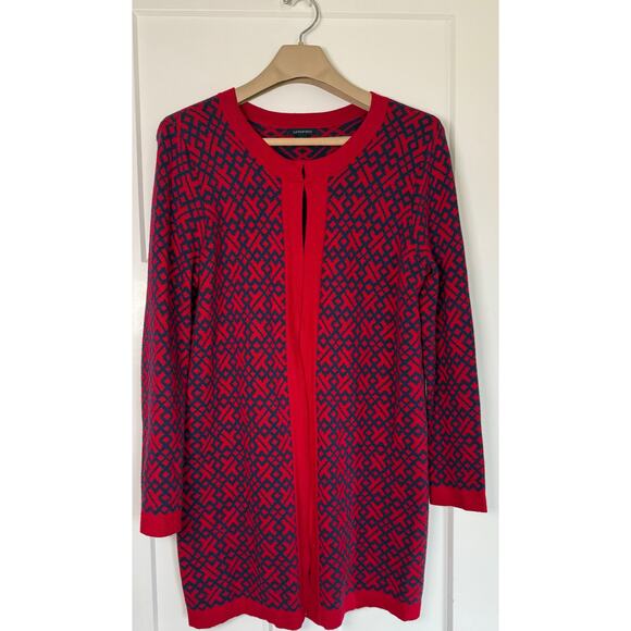 Lands End Red Navy Geometric Long Open Front Cardigan 14W/0X - Picture 1 of 12